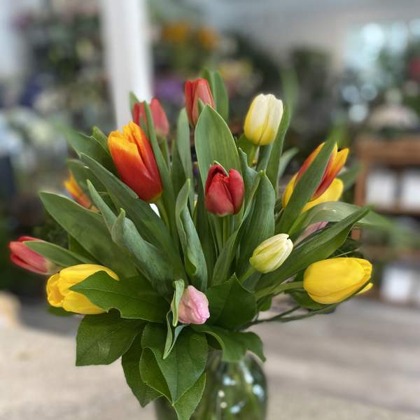 Colorful tulips arranged in a glass vase