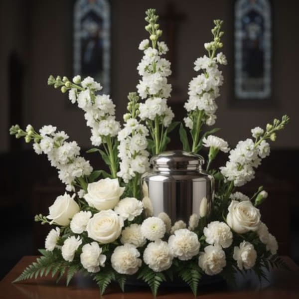 White floral funeral arrangement with a silver urn centerpiece