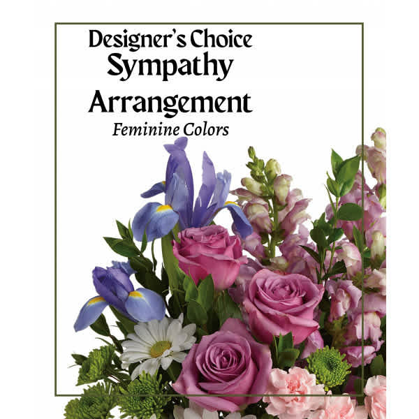 Designer’s Choice sympathy arrangement with pink and purple flowers