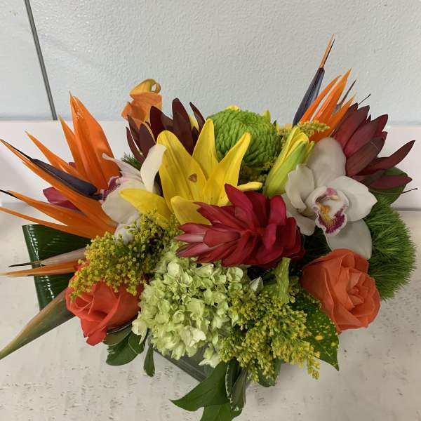 Tropical bouquet with orange bird of paradise, lilies, roses, and orchids