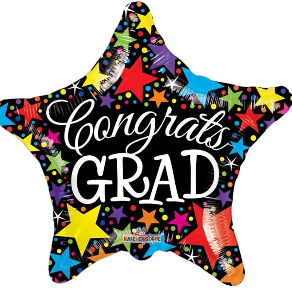 Star-shaped graduation balloon with colorful stars and "Congrats Grad" text