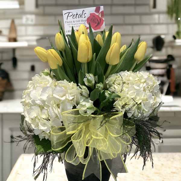 Cheerful Yellow Tulips and Hydrangeas by Petals