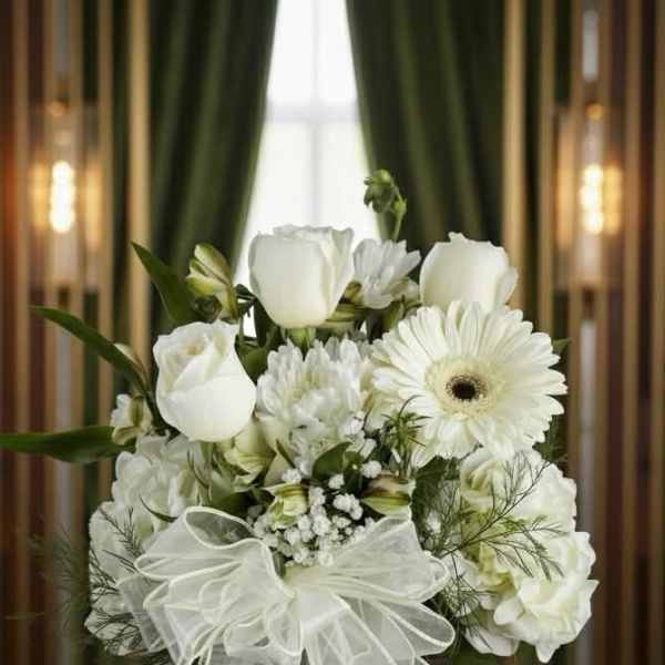 White roses and gerbera daisies in a glass vase with a white bow