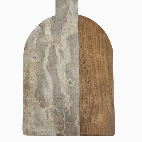 Two-tone marble and wood cutting board with a rounded top