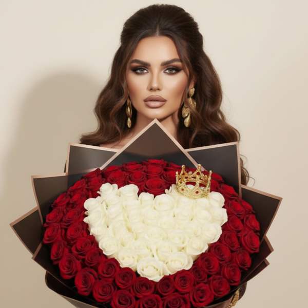 Woman holding a large heart-shaped bouquet of red and white roses