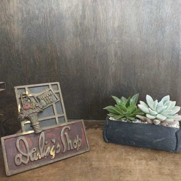 Two small succulents in a rectangular fabric planter beside a glass candle holder