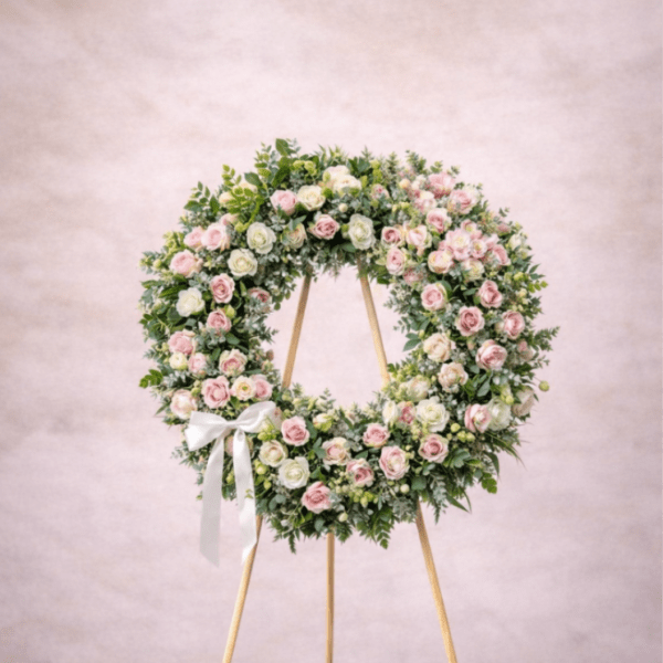 Standing round wreath of pink and white roses with a white bow on a wooden easel