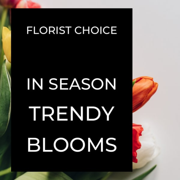 Tulips in mixed colors with a black text panel reading Florist Choice