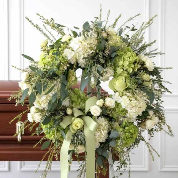 Large green and white funeral wreath on a stand with ribbon