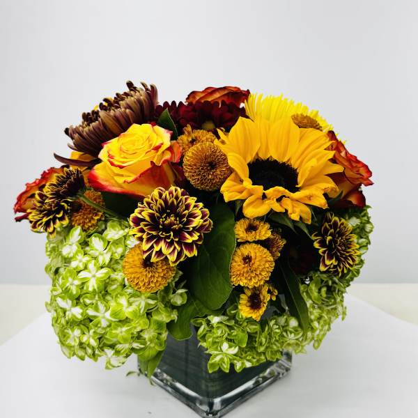 Bouquet of yellow and burgundy flowers in a square glass vase