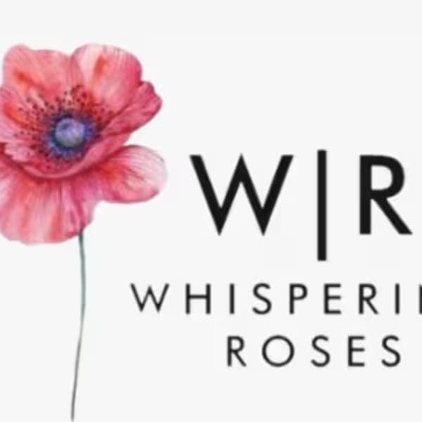 Pink flower beside the words Whispering Roses