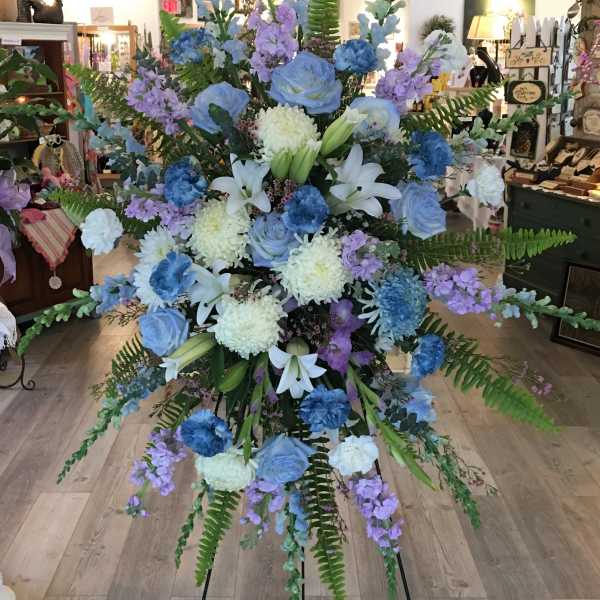 Lavender, Blue & White Standing Spray Funeral Tribute by Petals