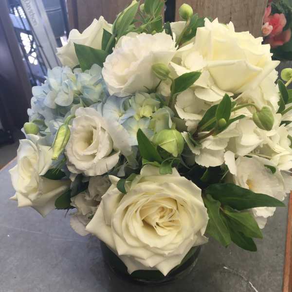 White roses and pale blue hydrangeas in a glass vase