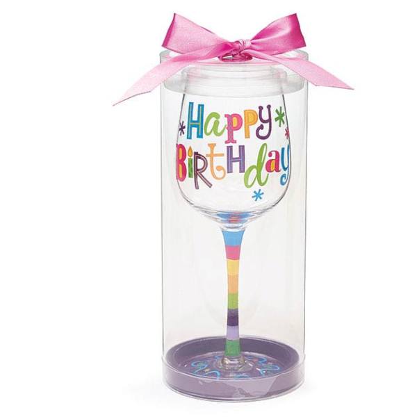 Clear wine glass with colorful Happy Birthday text and a pink bow in a gift tube