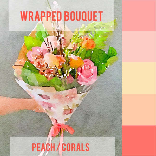 Wrapped bouquet of peach and pink flowers with green foliage