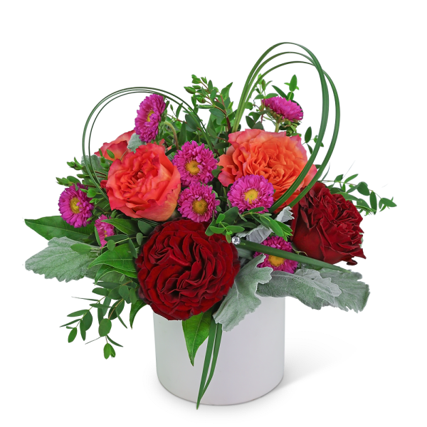 Red and orange roses with purple daisies in a white vase