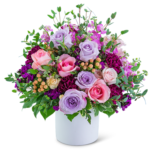 Bouquet of pink and lavender roses in a white vase