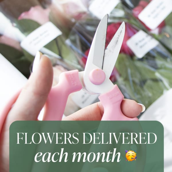 Hands holding pink-handled scissors over wrapped flower bouquets