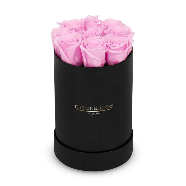 Pink roses in a black cylindrical box