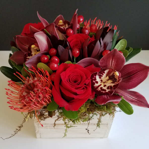 Red roses and burgundy orchids in a white rectangular vase