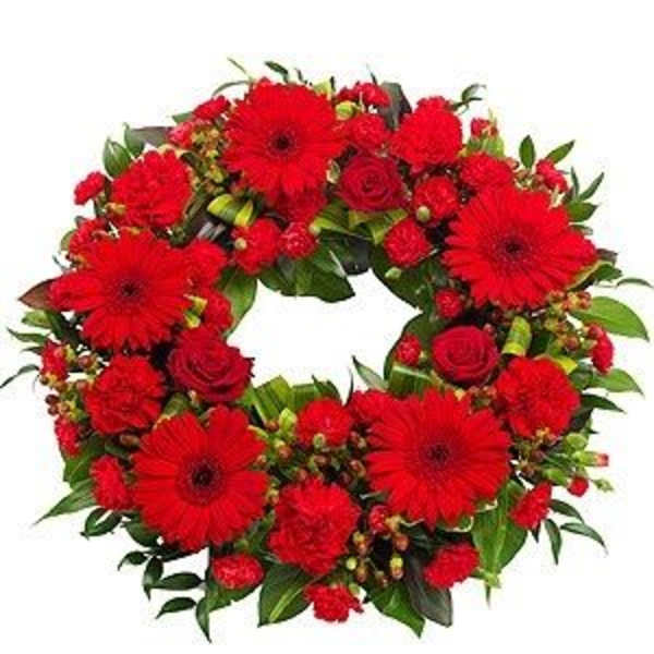 Red gerbera and rose wreath with green foliage