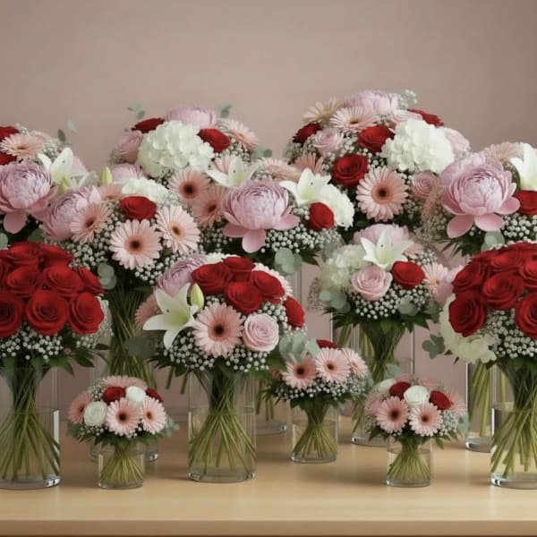 Assorted pink and red flower bouquets in clear glass vases