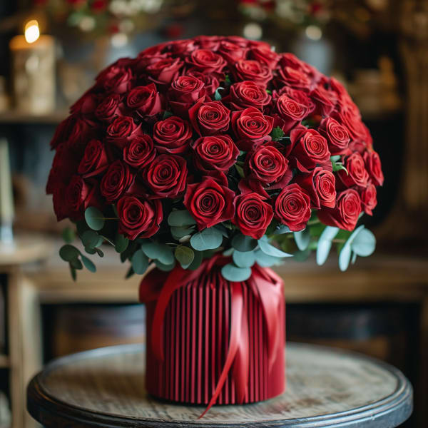Round bouquet of red roses with eucalyptus in a red wrapped base