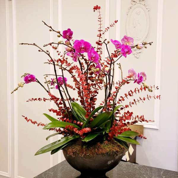 Pink orchids arranged in a dark bowl with red branches and broad green leaves