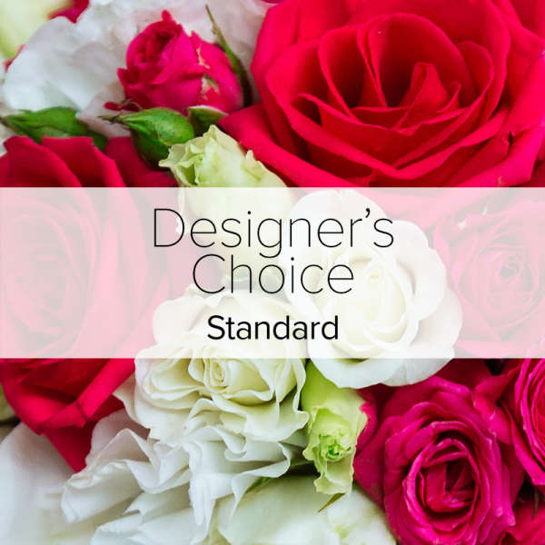 Close-up of pink and white roses with "Designer’s Choice Standard" text overlay
