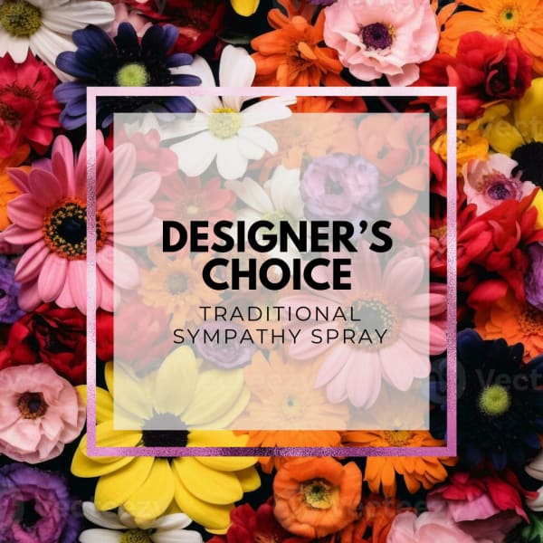 Colorful daisy-like flowers with text reading designer's choice traditional sympathy spray