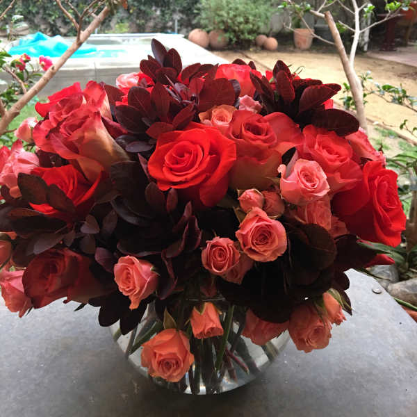 Red and pink roses arranged in a clear glass vase