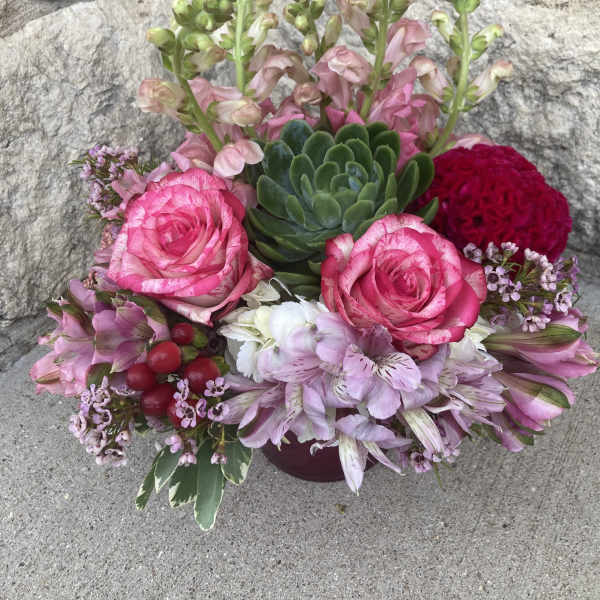 Pink roses and mixed blooms arranged with a succulent in a low container