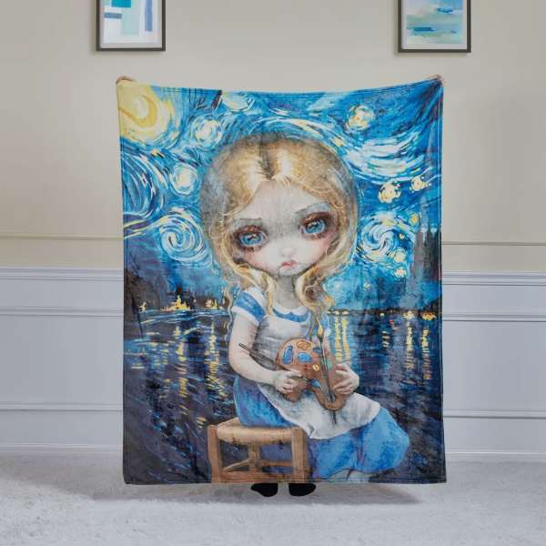 Printed blanket with a girl holding a paint palette