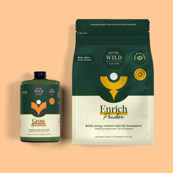 Two plant care products in green packaging on a peach background