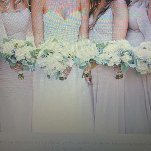 Bridesmaids holding white bouquets with pale blue-green foliage