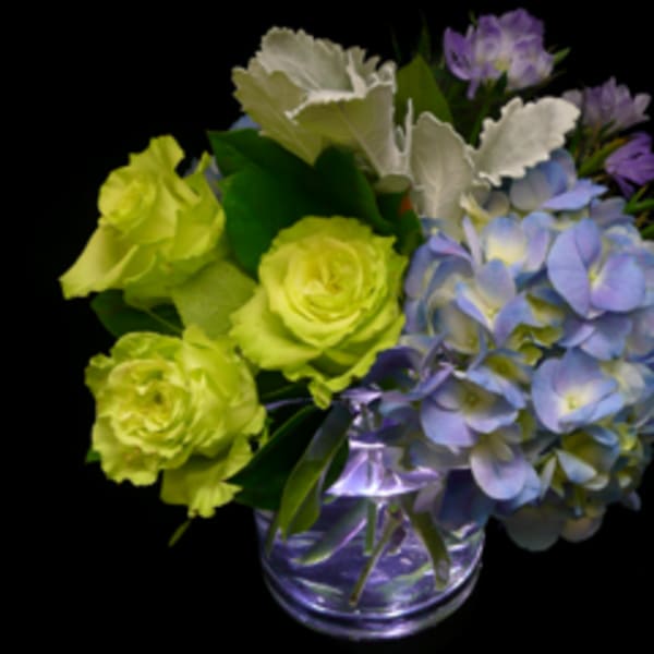 Compact arrangement of green roses and blue hydrangeas in a clear glass vase on a black background.