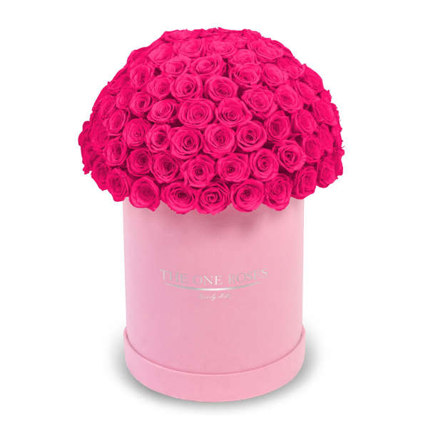 Hot pink roses arranged in a round pink hat box