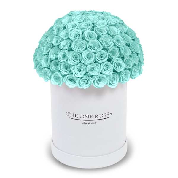 A dome of aqua roses in a white hat box