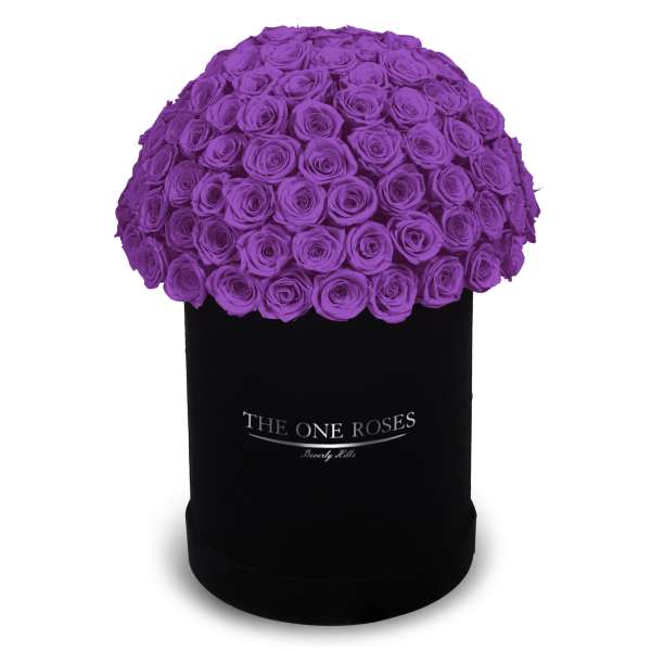 Purple rose bouquet in a black cylindrical box