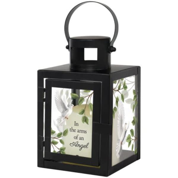 Black memorial lantern with angel text and dove artwork