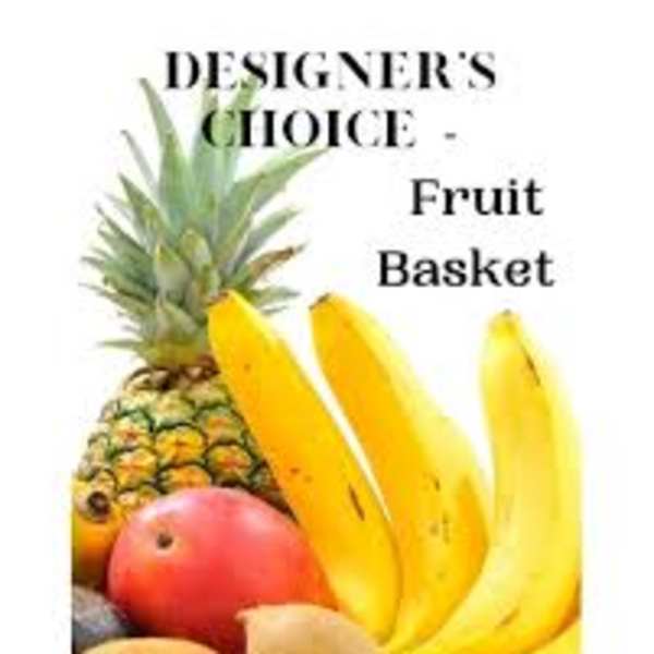 Fruit basket with pineapple, bananas, mangoes, and a red fruit