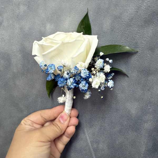 Royal blue White rose boutonnière