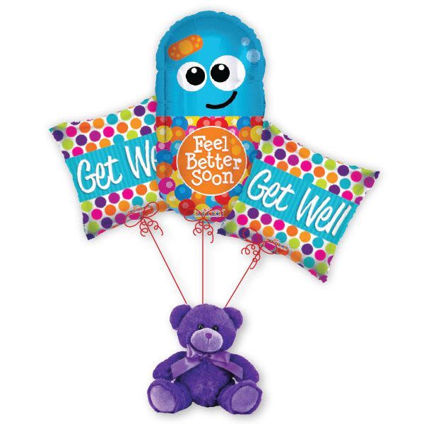 Purple teddy bear holding colorful get well balloons
