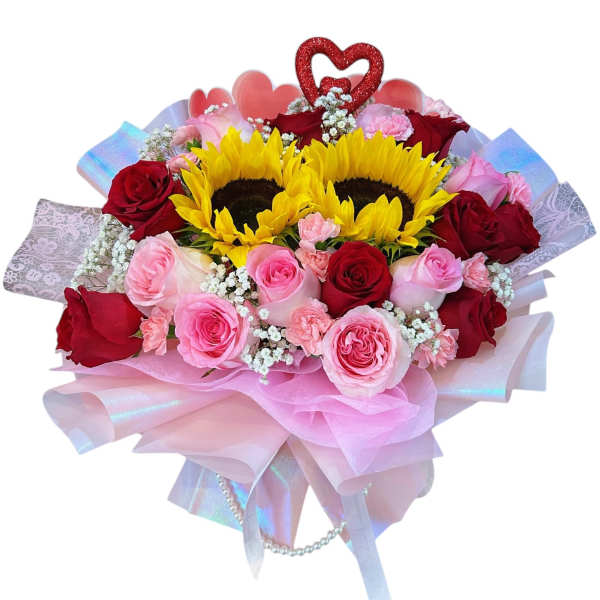 Bouquet of red and pink roses with two sunflowers and heart toppers