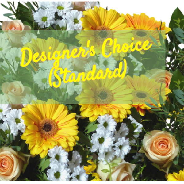 Mixed bouquet with yellow gerbera daisies, white daisies, and peach roses