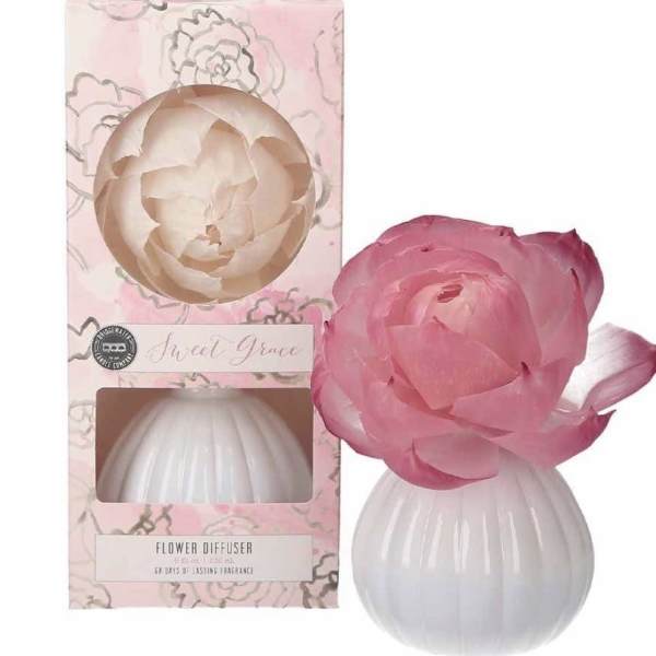Pink flower diffuser with a white ribbed base and matching box