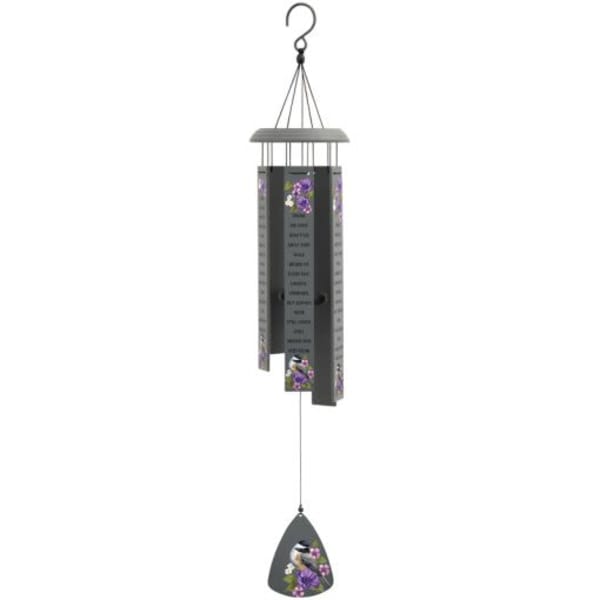 Hanging metal wind chime with purple floral accents and a bird design