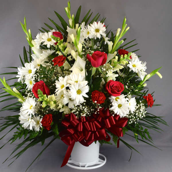 Red roses and white daisies in a white vase with a red bow