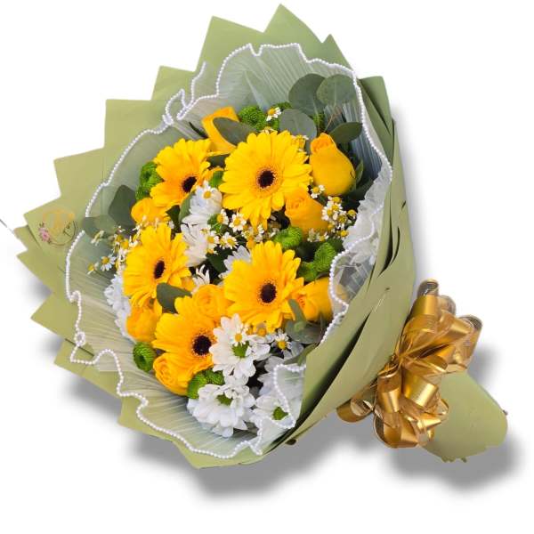 Yellow gerbera and roses bouquet with white daisies and green wrapping