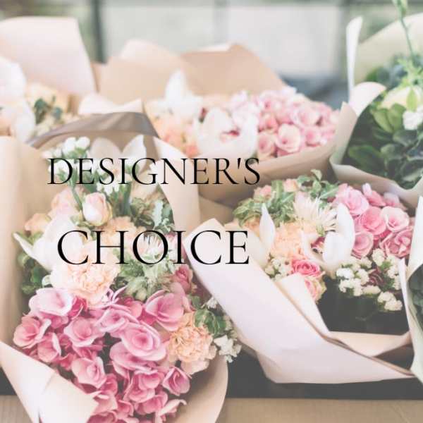 Assorted pastel flower bouquets wrapped in paper with "Designer’s Choice" text